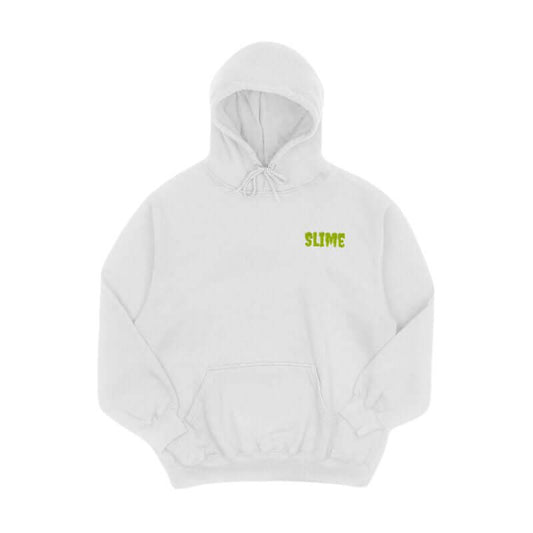 White hoodie with a green 'SLIME' text design, offering a playful and trendy style.