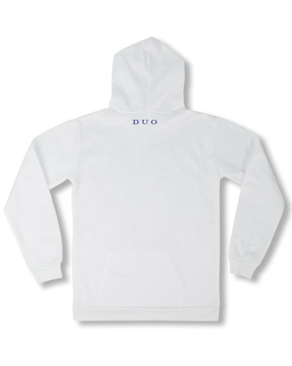 White hoodie with 'We Don’t Trust You' text design, blending bold messaging with classic style.