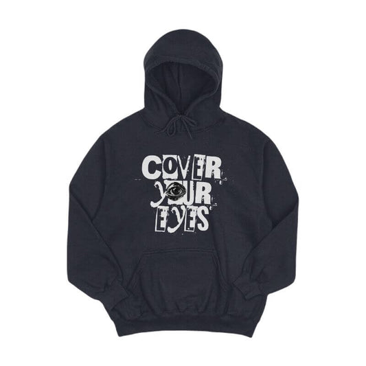 Black hoodie with bold 'Cover Your Eyes' text design, part of Duo's unique streetwear collection.